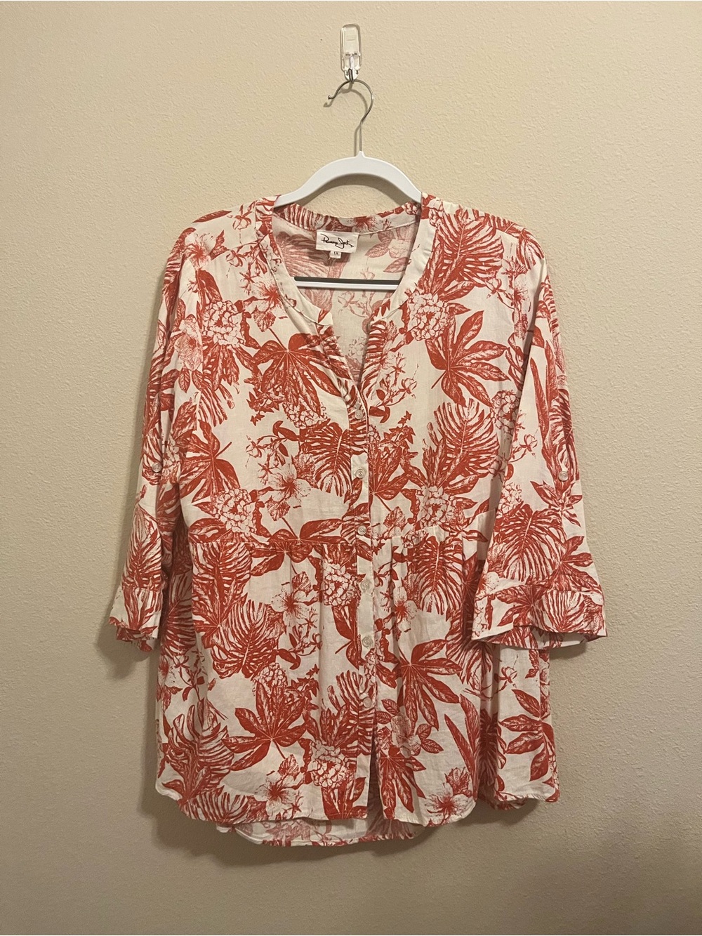 Panama Jack Coral and White Tropical Print Button-Front Top